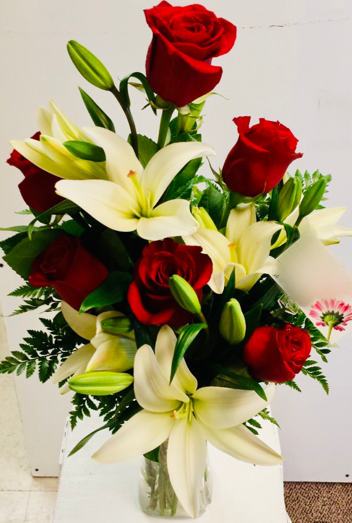 red roses white lilies bouquet Red Roses and White Lilies – Floral Xpressions
